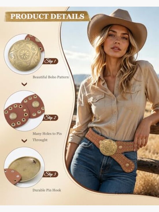 Wide Western Belt with Vintage Concho Buckle - Faux Leather main image 6